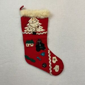 VTG Christmas Stocking Handmade Red Felt Faux Fur Beads Sequins READ
